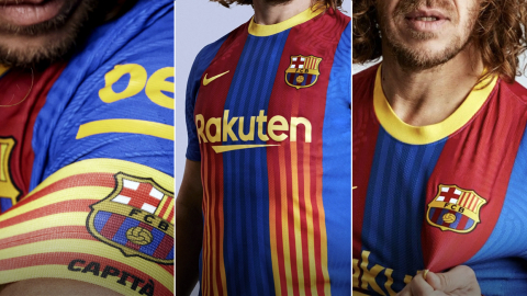 La nueva camiseta del FC Barcelona, presentada el martes 26 de enero de 2021, y que será usada en el clásico ante el Real Madrid, en abril.