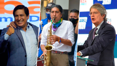 De izquierda a derecha.  Andrés Aráuz, Yaku Pérez y Guillermo Lasso.