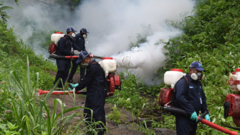 Funcionarios del Municipio de Guayaquil, durante una campaña de fumigación contra el dengue, el 11 de febrero de 2021.