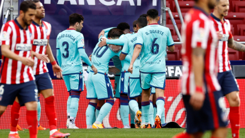 Los jugadores del Levante celebran uno de los goles ante el Atlético de Madrid, el sábado 20 de enero de 2021. 