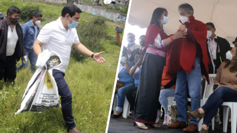 Andrés Arauz y Guillermo Lasso durante sus primera actividades de campaña en el sur de Quito, el 16 de marzo de 2021.