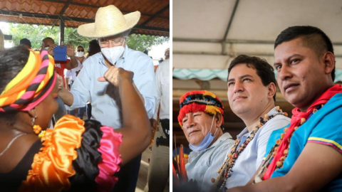 El candidato de Creo, Guillermo Lasso; y el presidenciable de Unes, Andrés Arauz, durante actividades de campaña. 