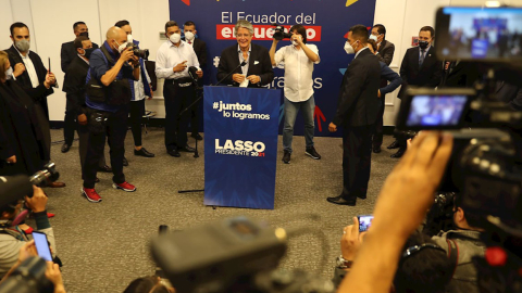 El presidente electo Guillermo Lasso, en rueda de prensa este 12 de abril de 2021.