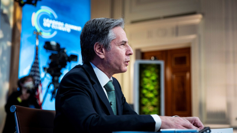 El secretario de Estado de Estados Unidos, Antony Blinken, durante una conferencia virtual, el 22 de abril de 2021.