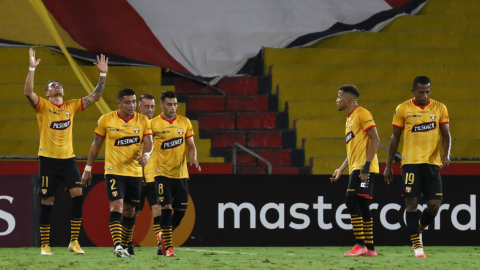 Los jugadores de Barcelona festejan el gol ante Boca por Libertadores, el martes 4 de mayo de 2021.