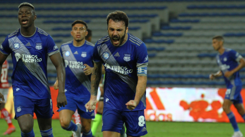 Sebastián Rodríguez, de Emelec, festeja un gol ante Guayaquil City, por la Fecha 12 de la LigaPro, el 15 de mayo de 2021.