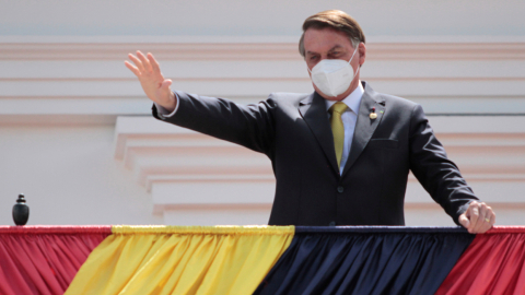 Jair Bolsonaro asistió al palacio de Carondelet en Quito, a la posesión del presidente Guillermo Lasso, el martes 1 de junio de 2021. 