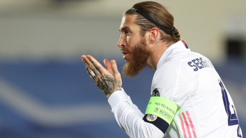 Sergio Ramos celebra el segundo gol del Real Madrid ante el Atalanta el 16 de marzo de 2021. 