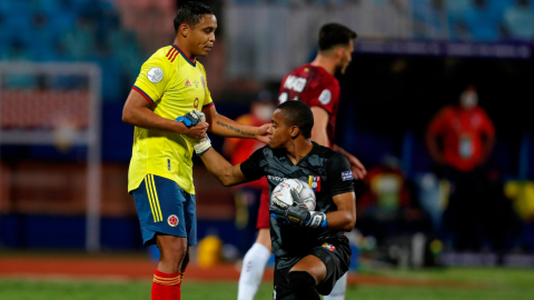 El jugador Luis Muriel de Colombia ayuda al arquero Wuilker Faríñez de Venezuela, durante un partido por el grupo B de la Copa América, el jueves 16 de junio de 2021.