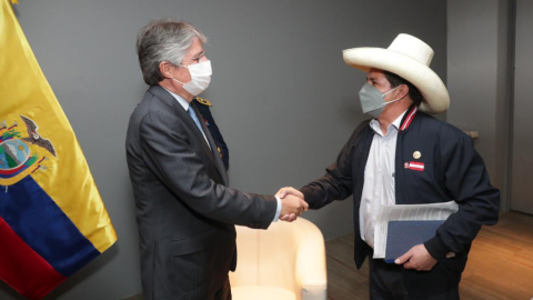 Los presidentes de Ecuador, Guillermo Lasso, y de Perú, Pedro Castillo, durante una reunión bilateral en Lima, el 27 de julio de 2021.