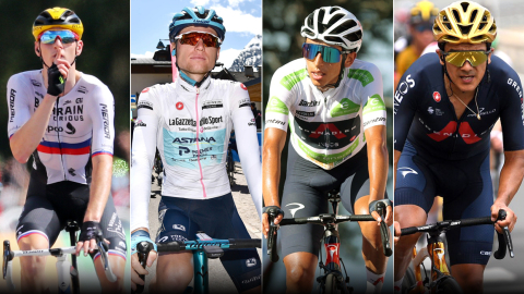 De izquierda a derecha: Matej Mohorič, Aleksandr Vlasov, Egan Bernal y Richard Carapaz, los cuatro ciclistas top 10 con más kilómetros recorridos. 