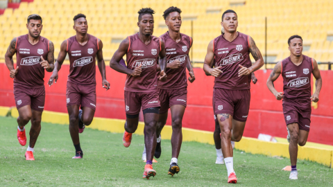 Los jugadores de Barcelona, durante un entrenamiento en el estadio Banco Pichincha, el 27 de septiembre de 2021.