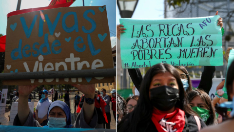 Colectivos a favor y en contra de la despenalización del aborto, el 17 de febrero de 2022, en las afueras de la Asamblea.