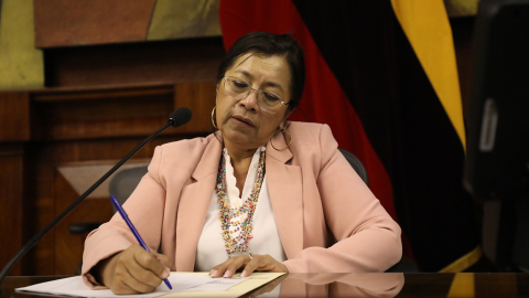 La presidenta de la Asamblea, Guadalupe Llori, durante la sesión del Pleno del 14 de abril de 2022.