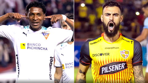 Nilson Angulo, de Liga de Quito y Gonzalo Mastriani, de Barcelona, festejan goles en la LigaPro.