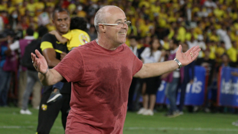 Jorge Célico sonríe después de ganar la primera Etapa de la LigaPro con Barcelona, en el Estadio Banco Pichincha, el 29 de mayo de 2022.