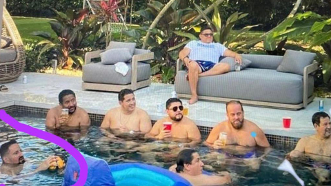 El exasambleísta Ronny Aleaga, segundo de izquierda a derecha, fue fotografiado junto a su hermano (círculo morado) en la piscina de Xavier Jordán, en Miami. También aparece Leonardo Cortázar (con gafas).