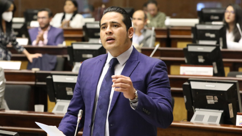 El asambleísta Ronny Aleaga en el pleno donde se analiza en primer debate el proyecto de ley de uso legítimo de la fuerza, el 12 de abril de 2022.