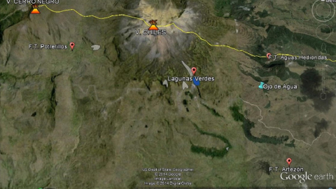 Ubicación satelital del volcán Chiles y el complejo volcánico en la frontera norte. 