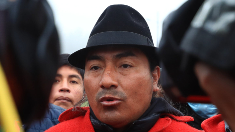 Leonidas Iza, presidente de la Conaie, durante una declaración ante los medios de comunicación, el 14 de junio de 2022, en Cotopaxi.