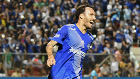 Sebastián Rodríguez, celebra en el partido de Emelec ante Gualaceo, en Portoviejo, el 31 de julio de 2022.