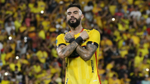 Gonzalo Mastriani celebra su gol en el partido de Barcelona ante Cumbayá, en el estadio Banco Pichincha, el 29 de mayo de 2022.