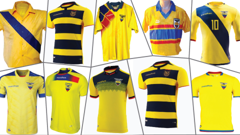 Imagen de 12 diseños de camisetas que ha vestido la selección ecuatoriana a lo largo de la historia