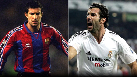 El portugués Luís Figo vistiendo la camiseta del FC Barcelona (izquierda) y la del Real Madrid (derecha).