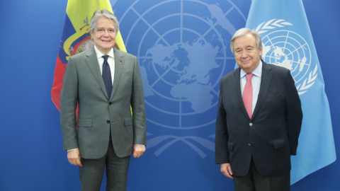 El presidente Guillermo Lasso durante su encuentro con el secretario General de la ONU, Antonio Guterres, en Nueva York, Estados Unidos, el 20 de septiembre de 2022.