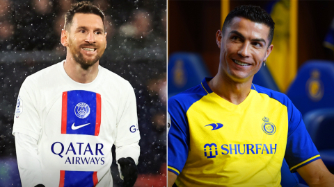 Imagen de Lionel Messi y Cristiano Ronaldo con las camisetas del PSG y del Al-Nassr, respectivamente.