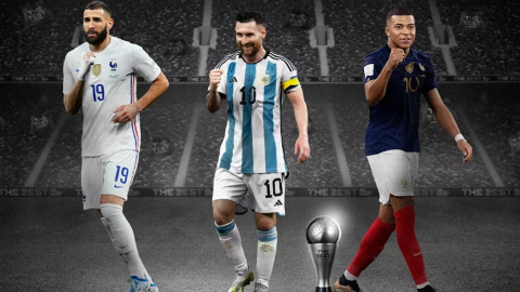 Benzema (izquierda), Messi (medio) y 
 Mbappé (derecha) son los finalistas al mejor jugador de la FIFA 2022.