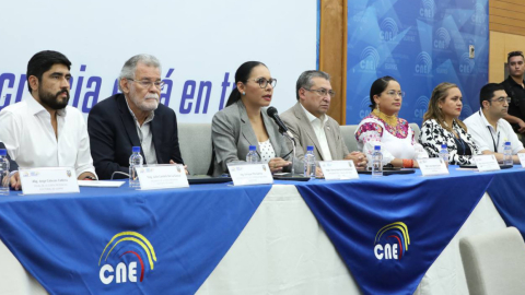 Las autoridades del CNE brindaron una rueda de prensa sobre el reconteo del referendo en Guayas, este 10 de febrero del 2023.