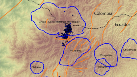 Lugar en el mapa donde ocurrió el enjambre sísmico en la frontera entre Ecuador y Colombia, el 10 de marzo de 2023. 