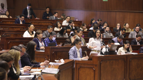 La asambleísta Viviana Veloz (UNES) durante sus alegados en el proceso de juicio político contra el presidente Guillermo Lasso, este 26 de abril de 2023.