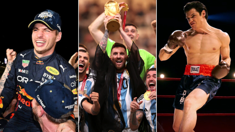 Max Verstappen celebrando el título de la F1, Lionel Messi con la Copa del Mundo y de Jerónimo Bosia, actuando como el boxeador 'Ringo' Bonavena.