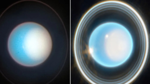 Imágenes comparativas de Urano, captadas por dos diferentes telescopios. 