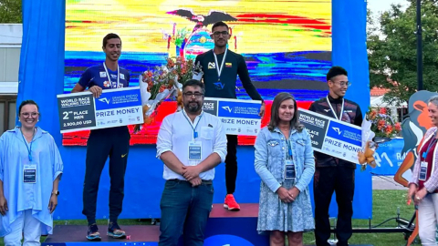 Daniel Pintado, en el podio del Gran Premio de Rio Maior, en Portugal, el 6 de mayo de 2023.