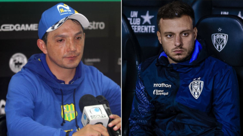 Leonardo Vanegas, director técnico de Gualaceo, y Martín Anselmi, DT de Independiente del Valle.