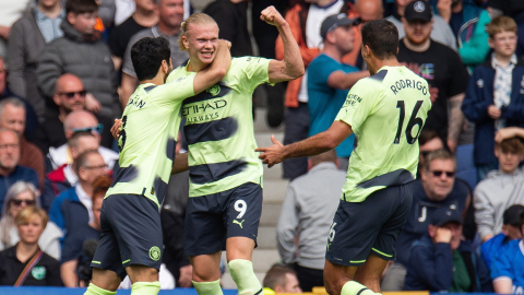 Erling Haaland, del Manchester City, festeja su gol ante el Everton en la Premier League, el domingo 14 de mayo de 2023.