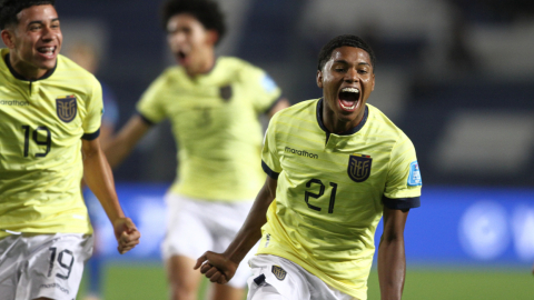 José Klinger festeja el gol en la victoria de Ecuador, sobre Eslovaquia, el 23 de mayo de 2023, en el Mundial Sub 20. 