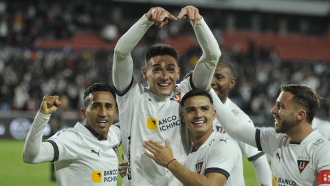 Mauricio Martínez celebra su gol en el partido de Liga de Quito ante Libertad, el 2 de junio de 2023.