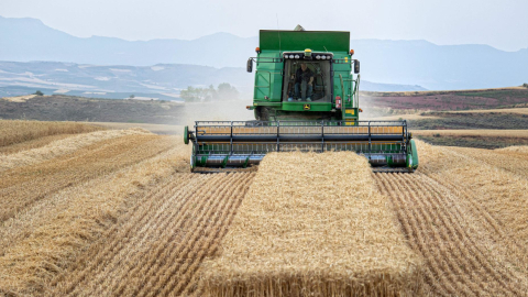 Las cosechadoras trabajan en los últimos campos de trigo en la localidad riojana de Villaverde, en España. Foto de archivo del 19 de julio de 2022.