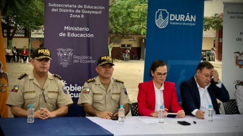 En una rueda de prensa en Durán se anunció el nuevo plan  de Policía Escolar, este miércoles 19 de de julio de 2023. 