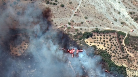 Una imagen satelital muestra una vista de un camión de bomberos y vehículos de bomberos en la isla de Rodas en Grecia. 