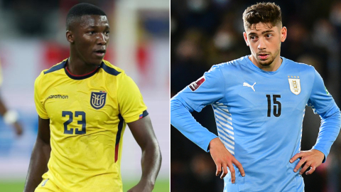 Moisés Caicedo, de la selección de Ecuador, y Federico Valverde, de Uruguay. 