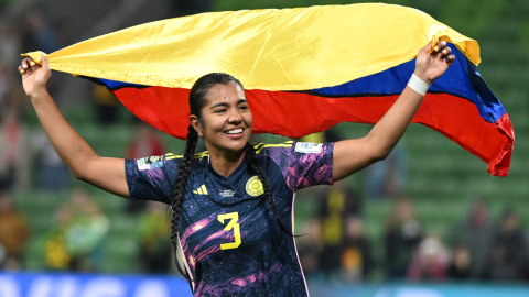 Daniela Arias, jugadora de Colombia, celebra la clasificación a cuartos de final del Mundial Femenino, el 8 de agosto de 2023.