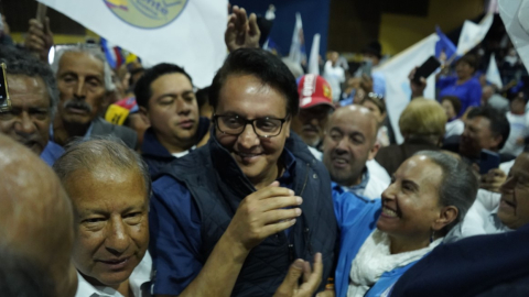 Fernando Villavicencio en su último mitin político en el Coliseo del Colegio Anderson de Quito, momentos antes de su asesinato. 