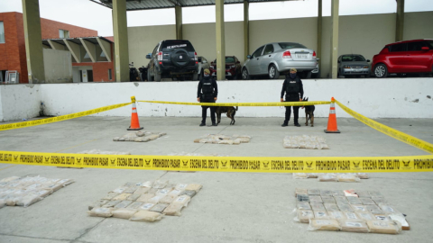 Policías y canes entrenados junto a la cocaína incautada en Posorja, parroquia rural de Guayaquil, el 18 de agosto de 2023. 