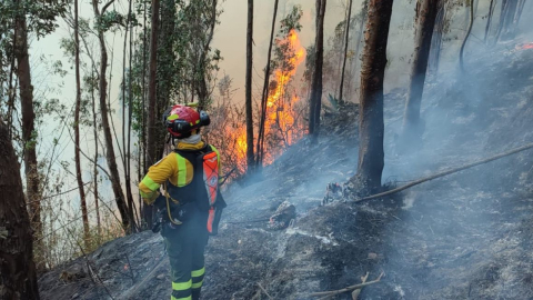 Bomberos trabajan en un incendio en Tumbaco, en Quito, el 28 de agosto de 2023.