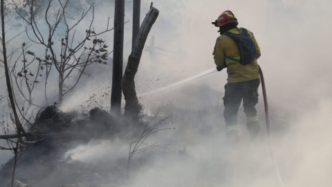 Bomberos trabajan en un incendio forestal en Puembo, en Quito, el 30 de agosto de 2023.